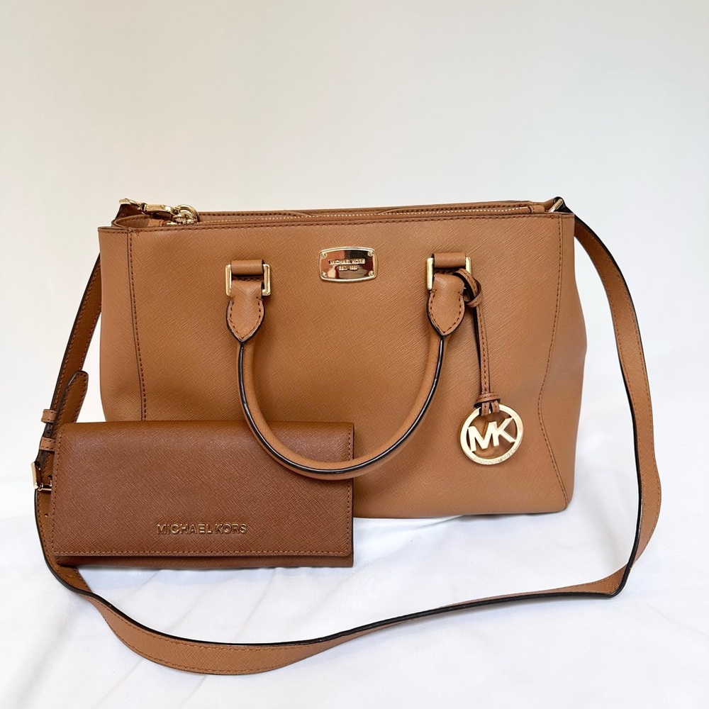 Michael Kors Tan Leather Satchel and Wallet Set